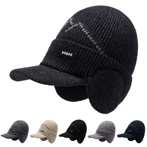 Gorro De Punto Para Hombre Con Visera Orejeras Forro Polar Grueso Cortavientos Cálido Para Exterior