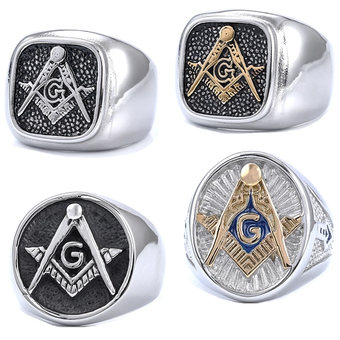 Men Masonic Signet Ring Stainless Steel Retro Freemasonry Symbol G Square Compasses Punk Vintage Biker Jewelry