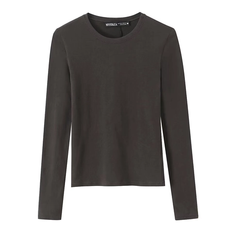 Women Long Sleeve T-Shirt Crew Neck Slim Fit Solid Color Polyester Basic Casual Top Streetwear
