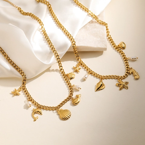 Ocean Theme Charm Necklace Gold Plated Stainless Steel With Artificial Pearls Starfish Shell Dolphin Marine Style For Women