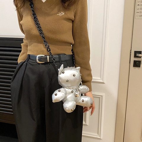 Punk Style Bear Doll Shape Crossbody Bag PU Leather With Metal Rivets And Chain Strap Heart Pendant For Women