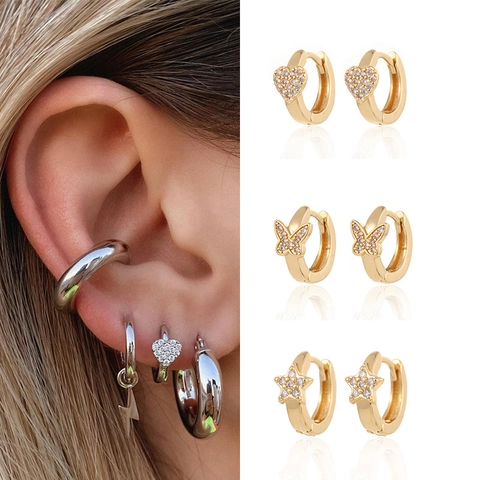 Huggie Hoop Ohrringe Herz Schmetterling Stern Kupfer Mit Zirkon Gold Silber Plattiert Mode Minimalistisch Damen