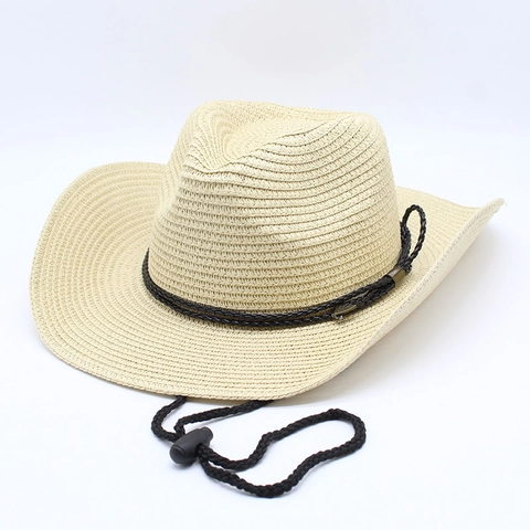 Western Cowboy Straw Hat Wide Brim Sun Protection Summer Beach Breathable With Adjustable Wind Rope For Men Women