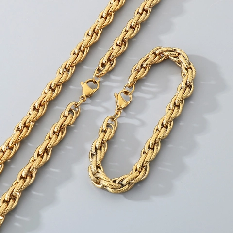 Joyas De Acero Inoxidable Cadena De Cuerda Retorcida Hip Hop Collar Y Pulsera Para Hombre Estilo Punk Texturizado