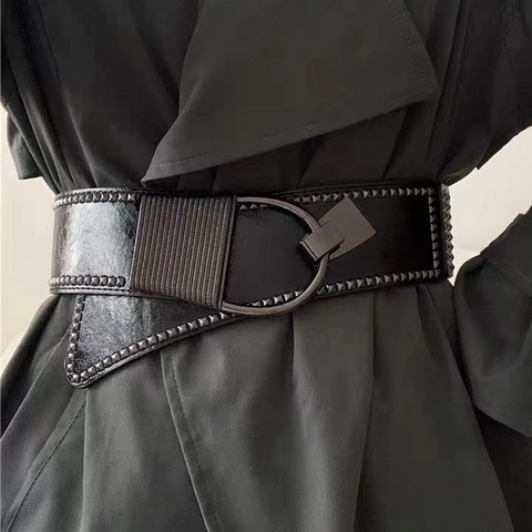 Women Wide Corset Belt Punk Style PU Leather Metallic Rivet Studded Waistband Elastic Stretch Cinch Belt With D-Ring Buckle