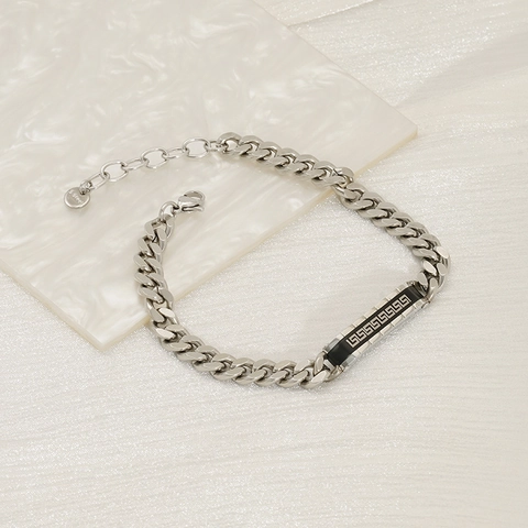 Pulsera Hombre Acero Inoxidable Cadena Cubana Con Placa De Patrón De Greca Griega Negra Joyería Retro Hip Hop