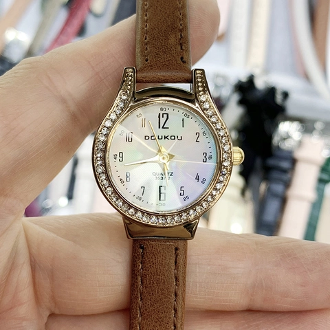 Women Quartz Watch Fashion Round Dial Alloy Case Rhinestone Faux Leather Strap Elegant Wristwatch For Lady Students