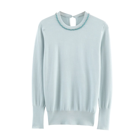 Maglione In Maglia A Girocollo Con Strass Da Donna Manica Lunga Elegante Pullover Azzurro Morbido Top