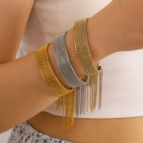 Stainless Steel Tassel Bracelet And Fringe Ring Geometric C Shape Open Hand Jewelry Waterproof For Women