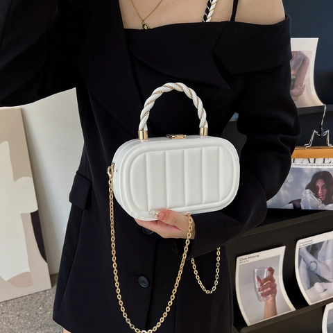Women's Fashion PU Leather Box Bag Vertical Striped Quilted Shoulder Bag With Chain Strap Woven Handle Crossbody Bag For Lady