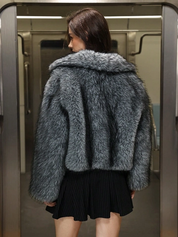 Women Faux Fox Fur Jacket Elegant Lapel Collar Thick Warm Cropped Outerwear Casual Winter Coat Solid Grey