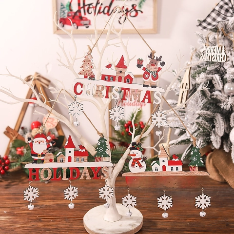 Adornos Colgantes De Madera De Navidad Papá Noel Muñeco De Nieve Reno Letreros De Bienvenida Pintados Con Campanas Y Colgantes De Copos De Nieve Decoración Festiva