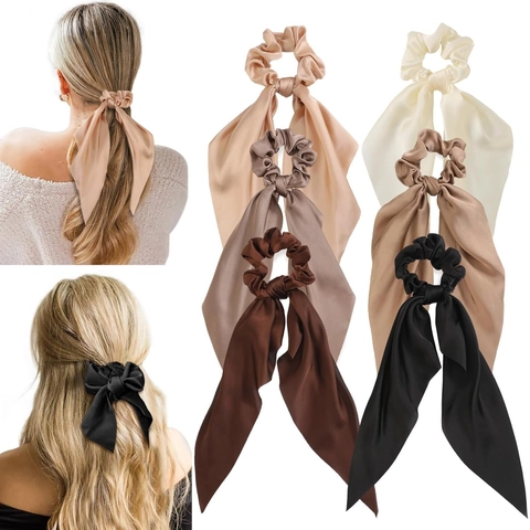 Elegant Satin Satin Hair Scrunchies With Long Ribbon Streamer Bow Elastic Ponytail Holder Solid Color Hair Ties Women