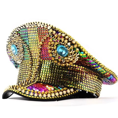 Cappello Da Capitano Con Paillettes Arcobaleno Strass Borchie Dorate Scena Festa Performance Stile Militare Accessorio