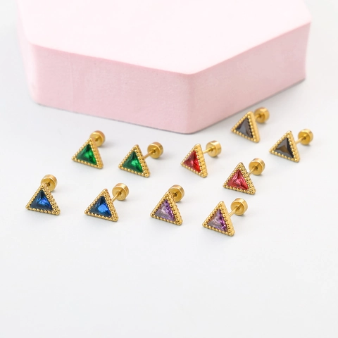 Geometric Stainless Steel Triangle Stud Earrings Gold Micro Pave Rhinestone Colorful Gemstone Minimalist Earrings For Women