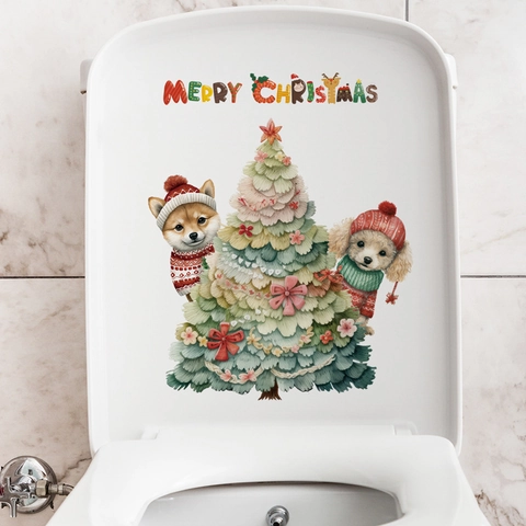 Weihnachts Toilettensitz Aufkleber PVC Abnehmbar Selbstklebend Wandtattoos Für Bad Deko Cartoon Baum Frohe Weihnachten