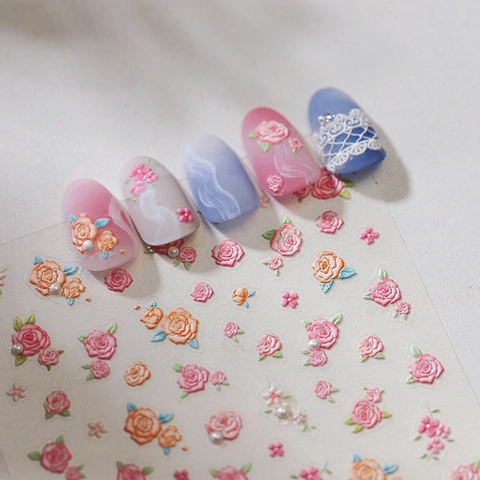 3D Embossed Nail Art Stickers Rose Flower Lace Design With Faux Artificial Pearl Self Adhesive Manicure Decoration Vintage Style