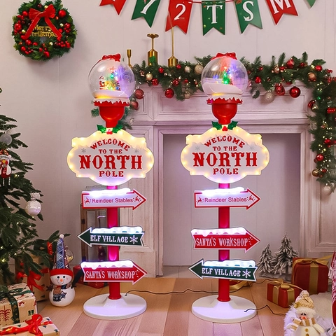 Lampada Da Terra Segnale Stradale Di Natale Con Luce LED E Palla Di Neve Polo Nord Cartelli Villaggio Elfi Decorazione Plastica