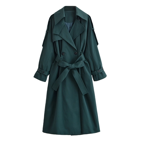 Dames Lange Trenchcoat Dubbele Rij Knopen Revers Windjack Met Riem Casual Forens Polyester Donkergroen Elegante Bovenkleding