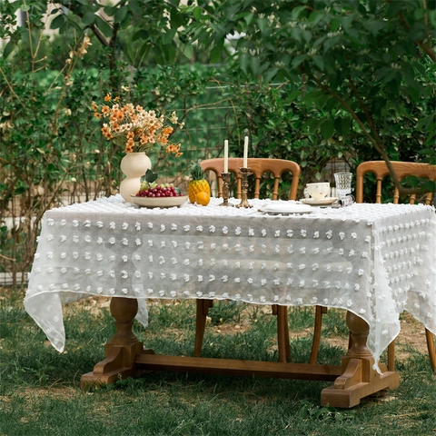 Witte 3D Bloem Geborduurde Gaas Tafelkleed Met Pompon Randen Rechthoekige Kant Tafelkleed Voor Bruiloft Feest Thuis Diner Decoratie