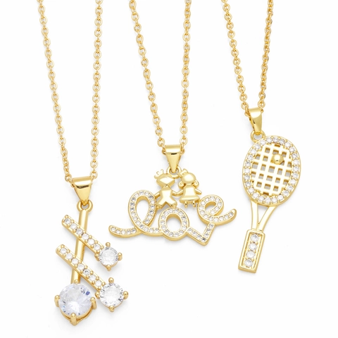 Fashion Pendant Necklace Gold Plated Copper With Zircon Love Letter Tennis Racket Geometric Simple Trendy Jewelry For Women