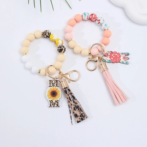 Boho Silicone Beaded Wristlet Keychain Bracelet With PU Tassel Leopard Print Floral Mom Gift Fashion Accessory For Women