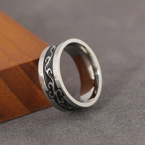 Vintage Punk Dragon Pattern Alloy Ring For Men Silver Color Black Tribal Flame Relief Band Jewelry Cool Hip Hop Style