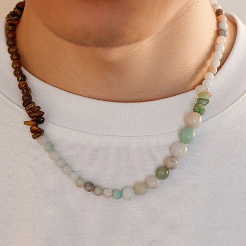 Natural Stone Beaded Necklace Tiger Eye Amazonite Spliced Color Block Bohemian Hip Hop Style Jewelry For Men Women