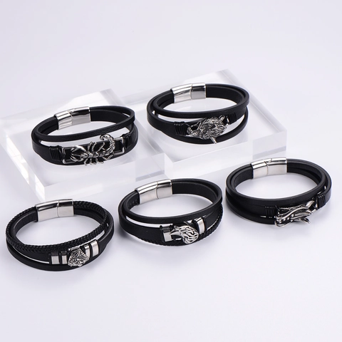 Men Multilayer Leather Bracelet Stainless Steel Magnetic Clasp Vintage Punk Viking Wolf Head Compass Jewelry