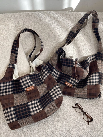 Borsa Tote In Lana A Quadri Vintage Grande Capacità Borsa A Spalla Patchwork Borsa A Tracolla Per Donna