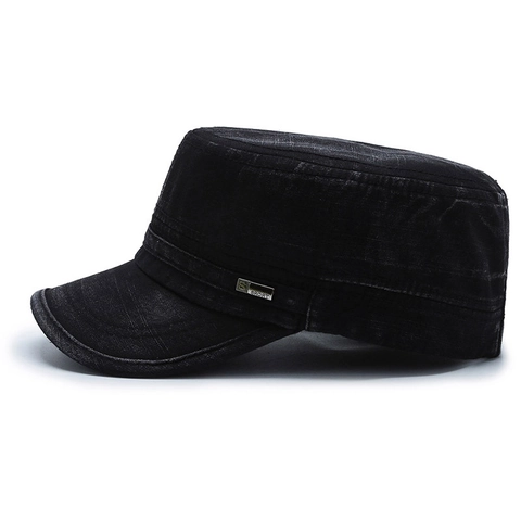 Men Washed Cotton Cadet Cap Vintage Distressed Flat Top Military Hat Adjustable Sunshade Outdoor Casual Sport Style