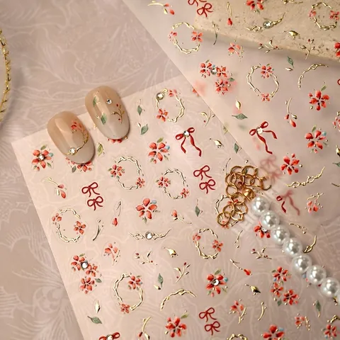 Nagelstickers 3D Reliëf Brons Goud Rode Bloem Strik Franse Stijl DIY Manicure Ultradun Zelfklevend