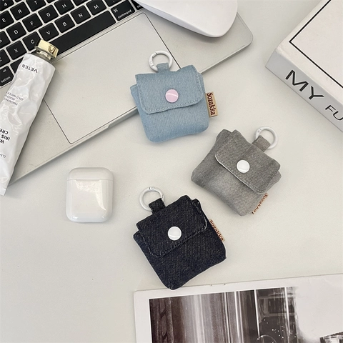 Mini Denim Earphone Case Portable Canvas Pouch With Snap Button And Keychain Hook For Wireless Earbuds Flip Cover