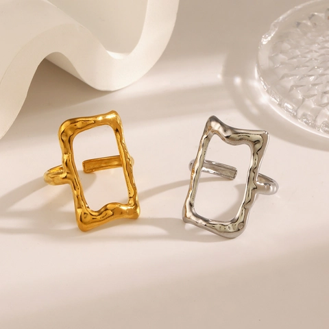 Anillo Rectangular Irregular Acero Inoxidable Ajustable Abierto Textura Fundida Geometría Minimalista Vintage Joyería Dedo