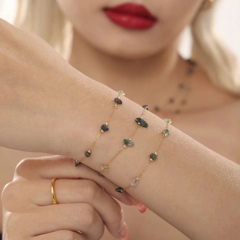 Natural Green Crystal Stone Edelstahlkette Halskette Und Armband Schmuck Für Damen Elegante Mode Im Vintage Stil