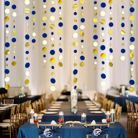 Paper Circle Garland Navy Blue Gold Metallic Hanging Dot Banner For Graduation Party Birthday Wedding Background Decor