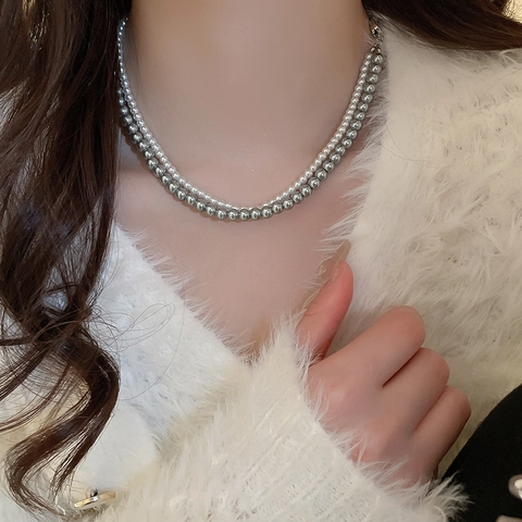 Doppelschichtige Künstliche Perlenhalskette Imitationsperlen Legierung Zweifarbig Weiß Grau Choker Retro Elegant Schlüsselbeinkette Für Frauen