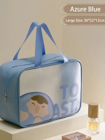 Cartoon Toast Druck Kosmetiktasche Wasserdicht PU Leder Transparentes Fenster Reise Make-up Wasch Aufbewahrungstasche Griff