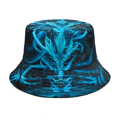 Wendbarer Fischerhut Polyester Blaues Drachenmuster Ethno Graffiti Sonnenschutz Outdoor Strand Retro Stil