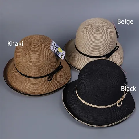 Women Straw Sun Hat Elegant Paper Straw Foldable UPF 50 Plus UV Protection Wide Brim Ribbon Bow Summer Beach Basin Cap