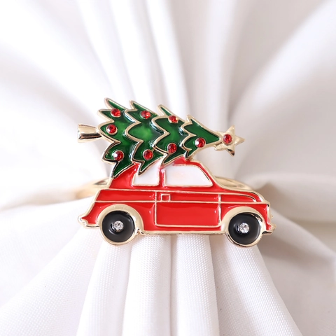 Christmas Tree Car Napkin Rings Alloy Rhinestone Red Vintage Car Napkin Buckles For Festive Table Wedding Banquet Party Decoration