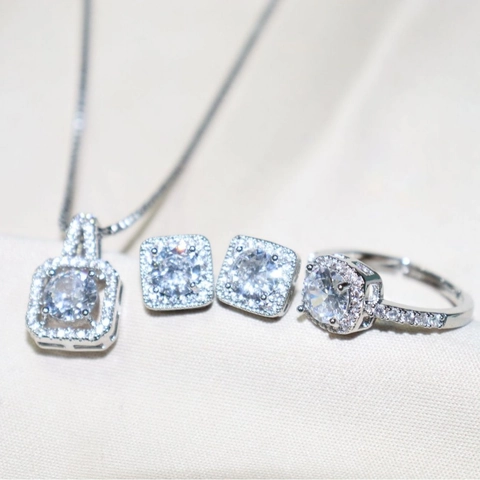 Elegant Titanium Steel Necklace Earrings Ring Square Zircon Halo Geometric Luxury Fashion Jewelry For Women