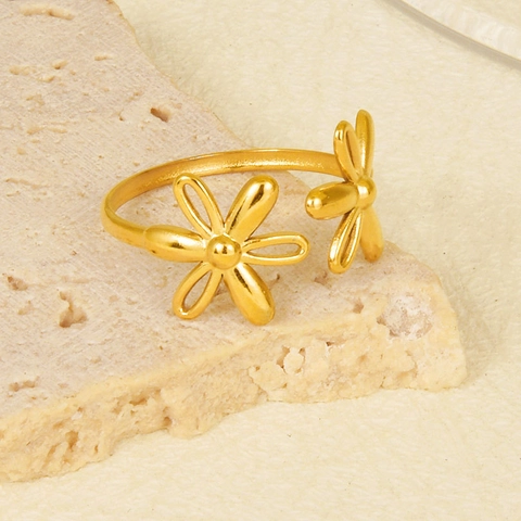 Daisy Flower Open Ring 304 Stainless Steel 18K Gold Plated Adjustable Double Layer Minimalist Chic Jewelry For Women