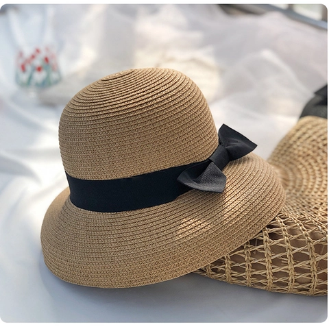 Sombrero De Paja Mujer Sombrero De Sol Papel Transpirable Protección UV Verano Playa Elegante Con Lazo Negro Ajustable