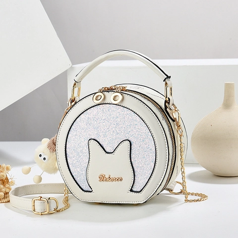 Round Crossbody Bag PU Leather Sequin Cat Ear Design Metal Chain Shoulder Bag For Women Fashion Cute Handbag