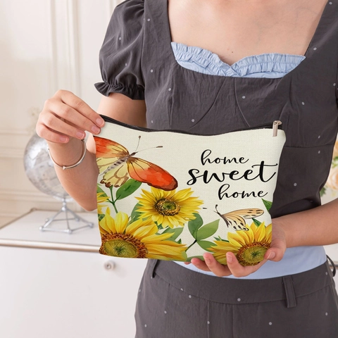 Sunflower Floral Print Makeup Bag Fine Linen Cosmetic Pouch With Zipper And Wristlet For Women Travel Storage Bag