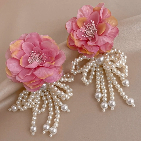 Orecchini Pendenti Fiore In Tessuto Künstliche Perle Nappa Con Perno In Argento Sterling 925 Stile Retrò Esagerato Per Donna