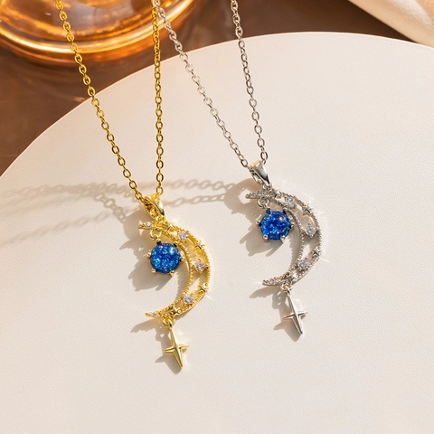 Collar de Colgante de Luna y Estrella Azul de Acero de Titanio para Mujer Lujo Ligero Strass Incrustado Color Oro Plata Joyería de Cadena