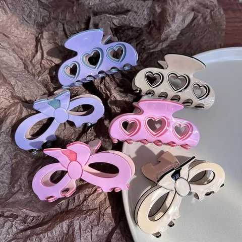 Sweet Acetate Hollow Heart Bow Hair Claw Clip For Women Vintage Elegant Shark Clip Fashion Daily Hair Accessories
