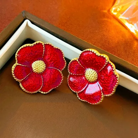 Vintage Flower Stud Earrings Alloy Enamel Camellia Style With 925 Sterling Silver Earring Post For Women Retro Jewelry
